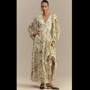 NWT Anthropologie BHLDN Liana Printed V Neck Long Sleeve Maxi Dress Ivory XLarge
